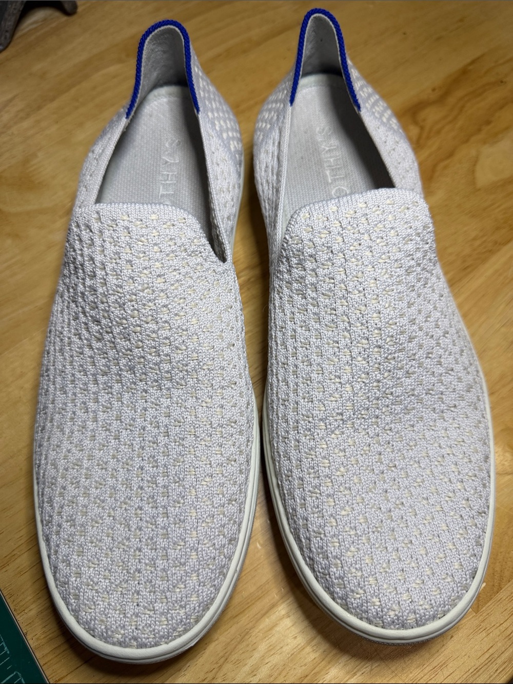 Rothy's Light Gray Slip-On Knit Flats with Blue Heel Tab